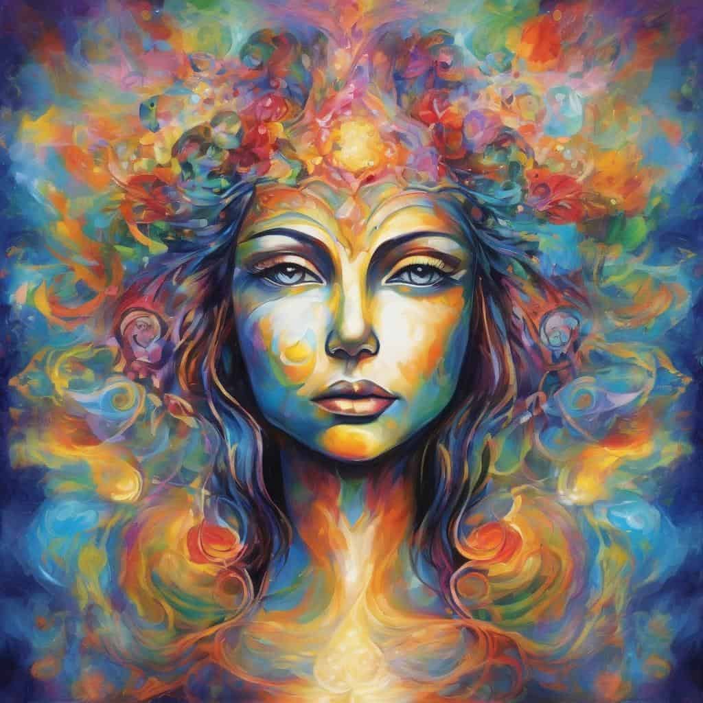 Ανθρώπινο πορτρέτο με πολύχρωμο αφηρημένο στύλ, έντονο συναίσθημα και θετική ενέργεια, τέχνη για κίνητρο.