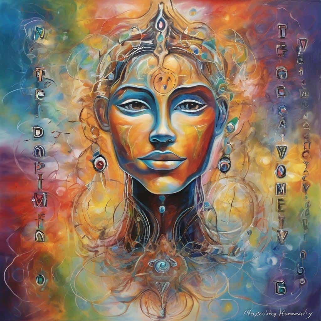 Αντανάκλαση πνευματικότητας και αυτοπεποίθησης σε αφηρημένη τέχνη γυναικείας μορφής με έντονα χρώματα και σύμβολα.