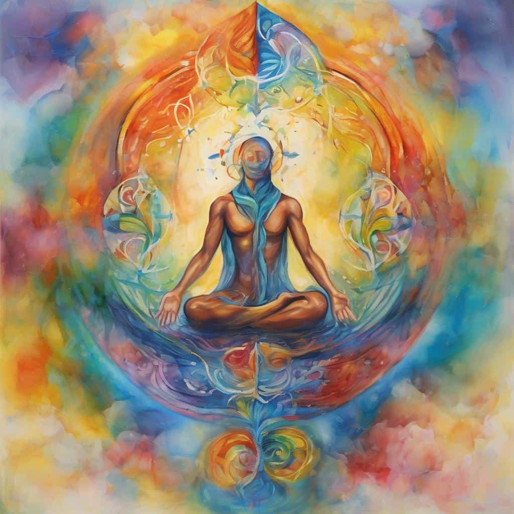 Αγόρι σε διαλογισμό με φως και χρώματα, νίκησε τους φόβους σου, εσωτερική ηρεμία και αυτοπεποίθηση.