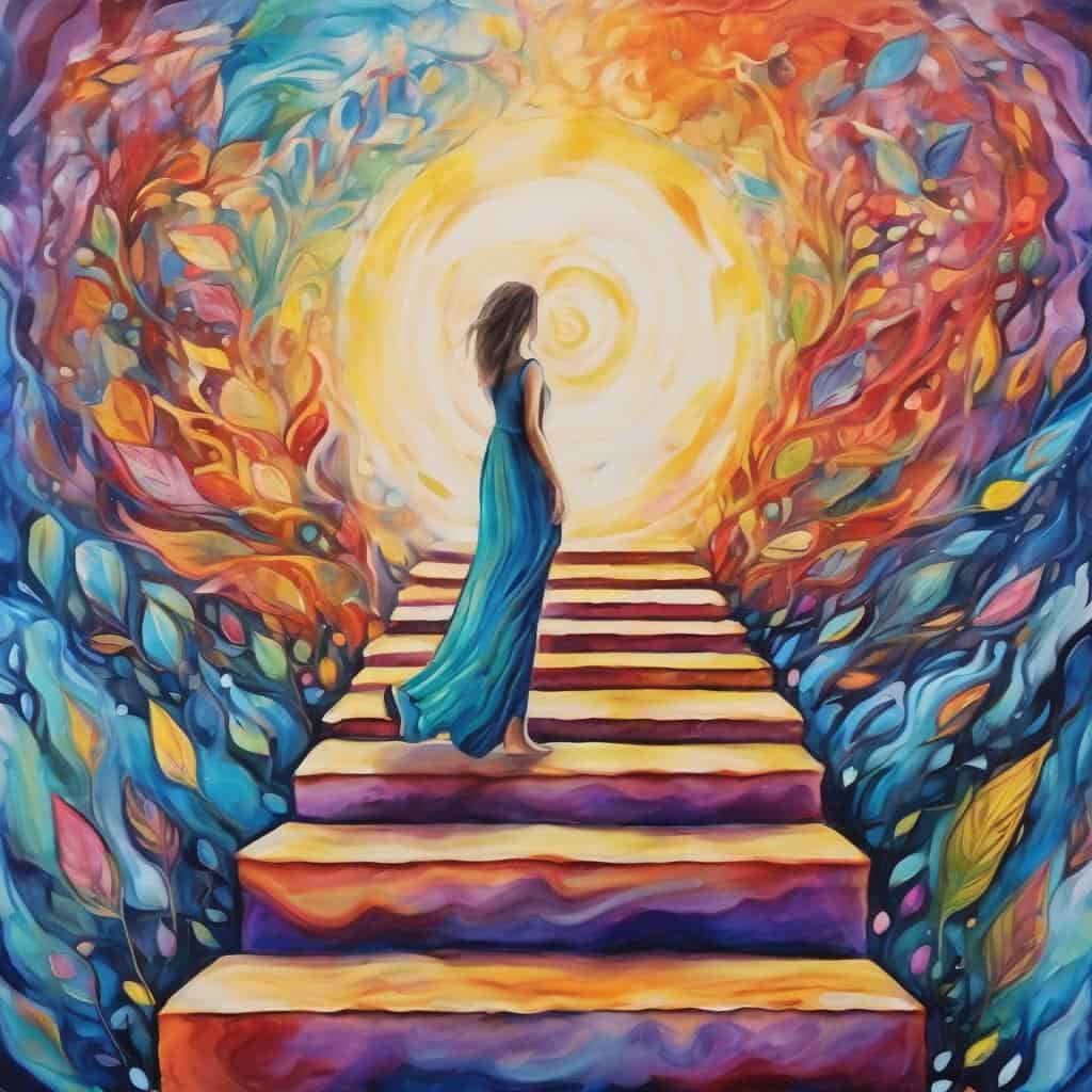 Νίκησε τους φόβους σου, γυναίκα σε μονοπάτι με γαλάζια φούστα, φωτεινό φως στο βάθος, συμβολίζει θάρρος και αυτοπεποίθηση.