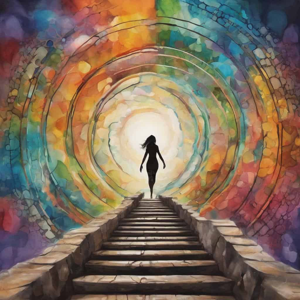 Αλυσίδα γυναικών περπατούν σε μονοπάτι προς φως σε πολύχρωμο, αφηρημένο τοπίο.